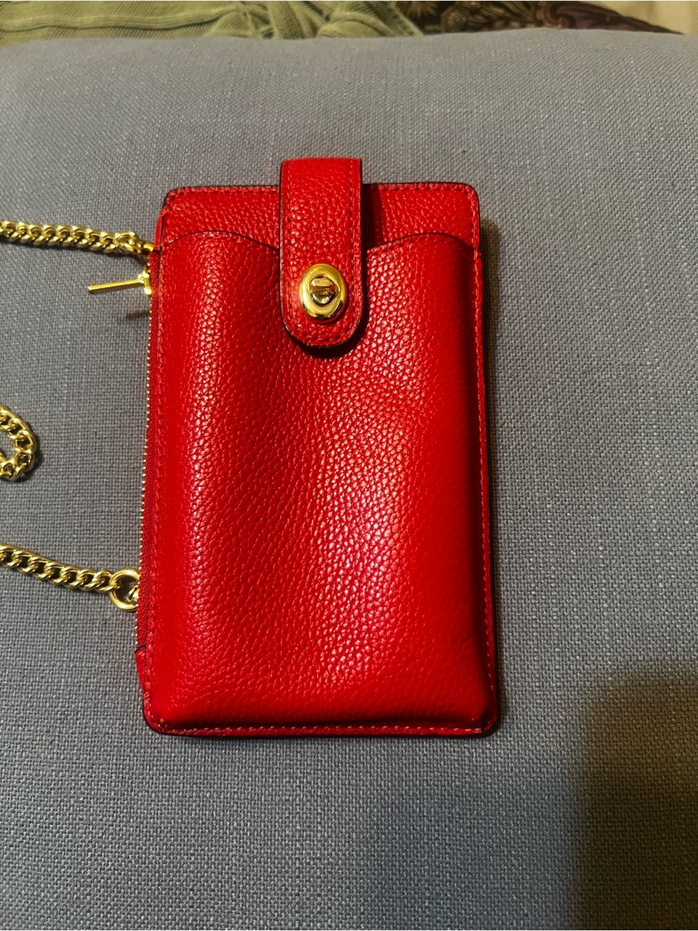 Coach Red Pebbled Leather Card Crossbody with Gold Chain - Picture 4 of 5